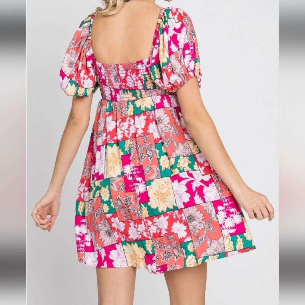 GeeGee Patchwork Floral Puff Sleeve Dress Size M - Picture 10 of 15
